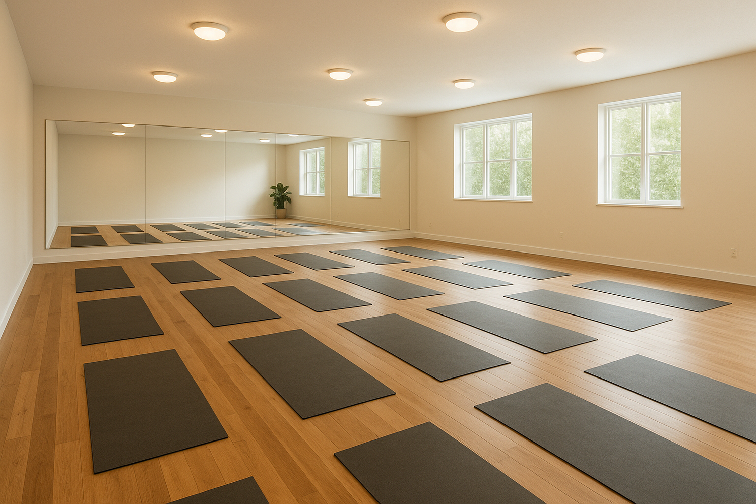 Yoga studio with hardwood floors and a mirror covering one wall 26 feet wide and the room is 26 feet by 26 feet and add 20 yoga mats